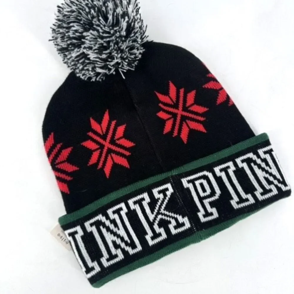 NWT VICTORIA'S‎ SECRET PINK BLACK RED & GREEN POM POM COZY BEANIE HAT ONE SIZE